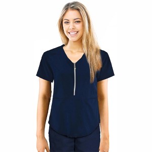 JEFFRICO Scrubs For Women Short Sleeve Zipper Front V-Neck Top 2 Pockets Navy, S - 1 of 4