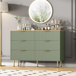 Modern Fluted 5/6/7 Drawer Dresser, Large Natural Wood Chest of Drawers with Gold Handles, Bedroom Storage Organizer, Stylish Dresser - 1 of 4