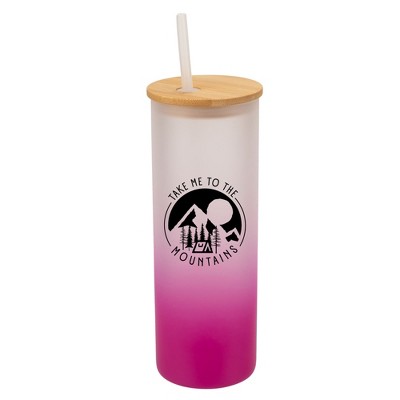 Elanze Designs Take Me To The Mountains Wrap-Around Design 25 Ounce Frosted Gradient Glass On-The-Go Coffee Travel Skinny Tumbler Mug Cup, Bamboo Lid