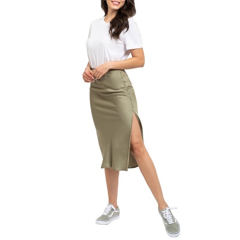 August Sky Women's Side Slit Satin Skirt_RTW1008_Light Olive_Large