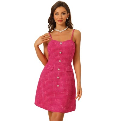 Allegra K Women's Plaid Button Decor Spaghetti Strap Tweed Dresses Hot Pink  Medium : Target