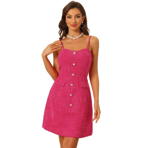 Allegra K Women's Plaid Button Decor Spaghetti Strap Tweed Dresses Hot Pink  X-Large