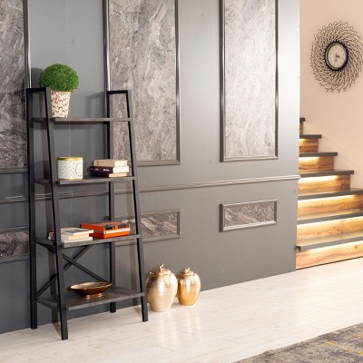 INFURNIC Decorative Bookshelf 5 Tier Ladder Shelf Office Furniture Bookcase Modern Metal Frame Storage, Gray, 13"*23"*52"
