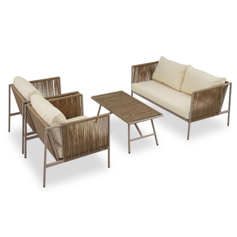 4-piece All-Weather Woven Rope Patio Conversation Set, Sofa Set with Thick Cushions and Toughened Glass Table - Maison Boucle, 3 of 9