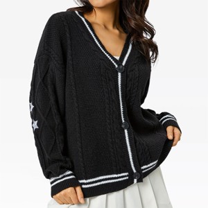 Womens Cable Knit Caridigan Open Front Trendy Sweater Elbow Embroidered Sweater Cardigan V Neck Color Block Textured Seed Knit Stitch Sweater - 1 of 4