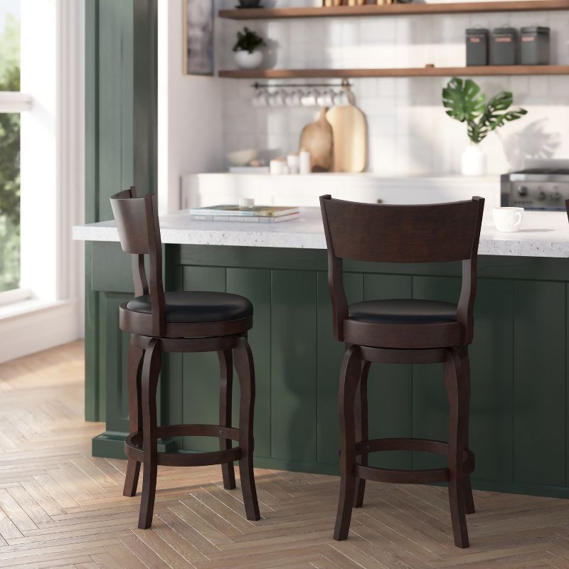 Merrick Lane 24" Classic Wooden Open Back Swivel Counter Height Pub Stool with Upholstered Padded Seat and Integrated Footrest, 5 of 13