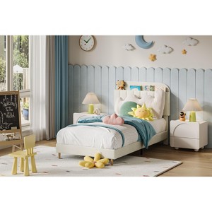 Kids Bed Frame with Bookcase Headboard, Upholstered Platform Bed with Wooden Slats Support for Boys, Girls, Teens, No Box Spring Needed - 1 of 4
