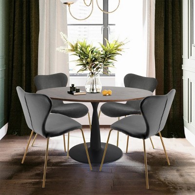 Harold+Flavia 5-Piece Walnut Foil  Round Top Pedestal Dining Table Set with 4 Upholstered Chairs -Maison Boucle