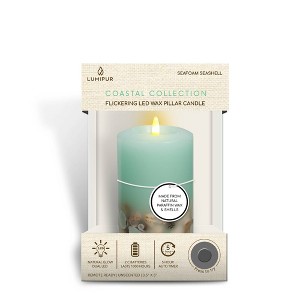 LumiPur Signature Coastal Collection Flameless Plastic LED Wax Pillar Candle with Seashell Embed Seafoam - 1 of 4