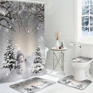 4pcs Winter Shower Curtain Sets with Non - Slip Rugs Toilet Lid Cover and Bath Cute Snowman Snowflake Scene Pine Tree - 1 of 4