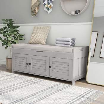 Storage Bench with 3 Shutter-shaped Doors, Removable Cushion and Hidden Storage Space-ModernLuxe