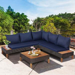 Costway 4PCS Patio Rattan Furniture Set Cushioned Loveseat w/Wooden Side Table - 1 of 4