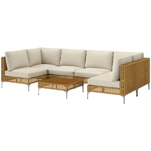 7 Piece Wicker Patio Furniture Set, Modular Outdoor Sectional with Thickened Cushions, Acacia Wood Table/Beige - 1 of 4