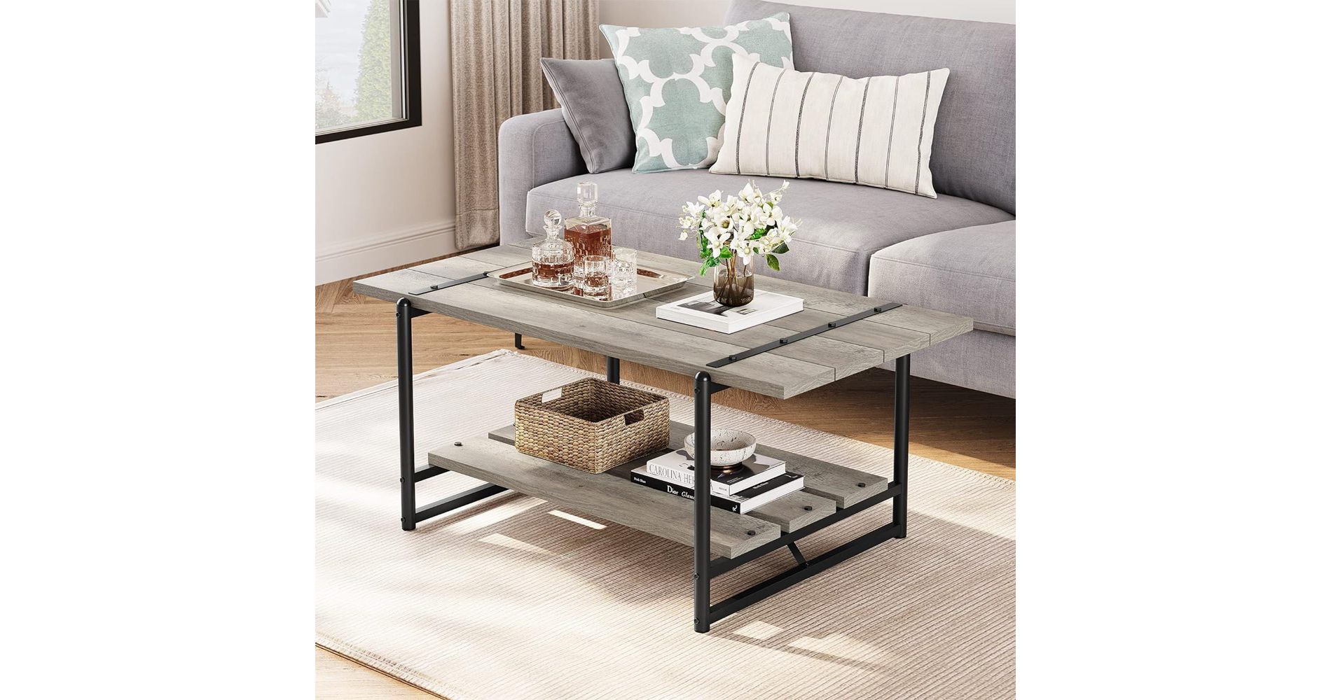 2-Tier Farmhouse 41'' Large Wood Coffee Table with Shelf -Modern Rustic Metal Rectangle Center Living Room