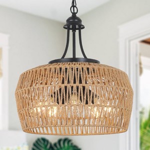 Gulches 80 in Brown Farmhouse Boho Coastal 5-Light Dimmable Pendant Chandelier for Living Room with Hand Woven Rattan Wicker Shade - 1 of 4