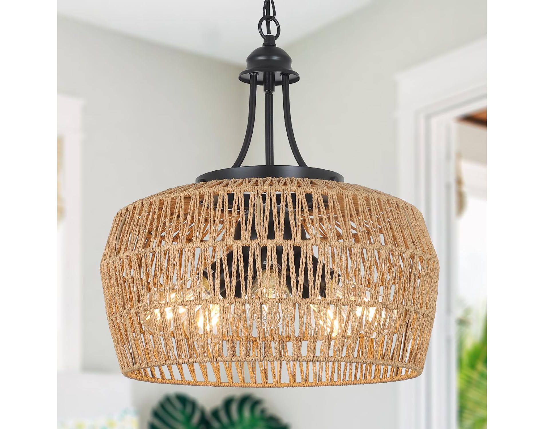 Gulches 80 in Brown Farmhouse Boho Coastal 5-Light Dimmable Pendant Chandelier for Living Room with Hand Woven Rattan Wicker Shade