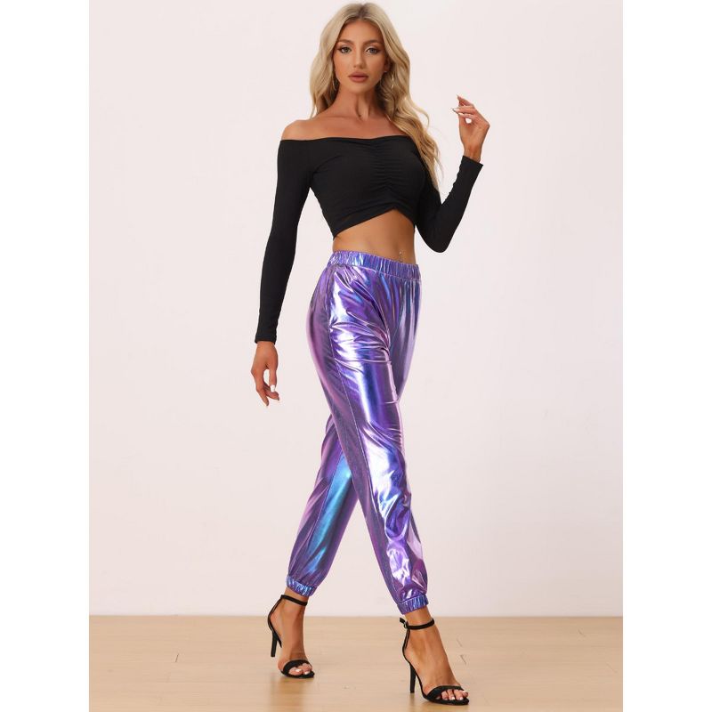 Allegra K Women's Metallic Shiny Sparkle Elastic Waist Pants, 3 of 6