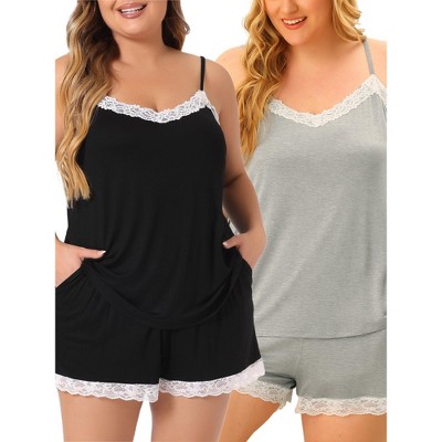 Agnes Orinda Women's Plus Size Lace Panel Sleeveless Elastic Waist Pocket Solid Packs Pajamas Sets