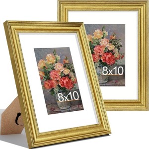 Attop 8x10 Picture Frames Set of 2, Ornate Photo Frame Display 5x7 Pictures with Mat or 8x10 without Mat, Rustic Gold - 1 of 4