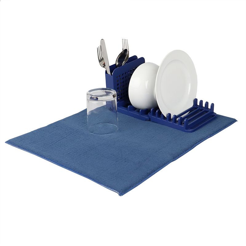 Michael Graves Design 3 Section Plastic  Dish Drying Rack with Super Absorbent Microfiber Mat, Indigo, 1 of 6