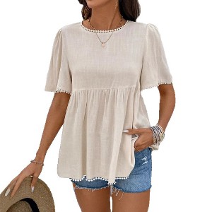 Coolmee Women's Puff Sleeve Peplum Babydoll Tops Summer Smoked T Shirts Casual Loose Fit Flowy Blouse - 1 of 4