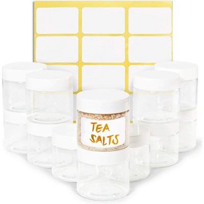 Juvale 12 Pack Clear Round Plastic Jars with Lids, 2oz Empty Food Storage Containers with Label Stickers for Spice, Powder and Cooking Oil