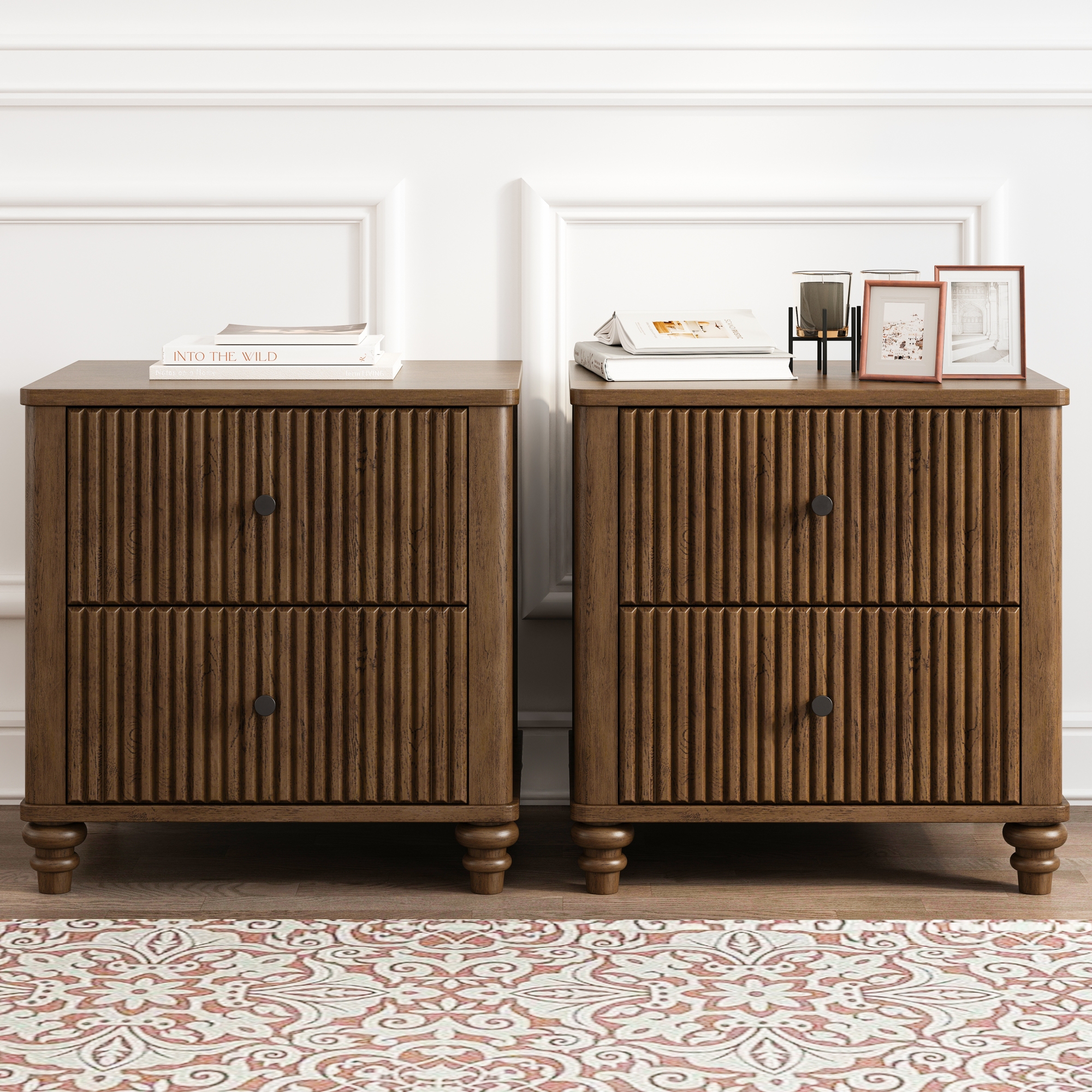 Set of 2 Nightstand with 2 Drawers&1 Hidden Drawer, Wood End Table Accent Table Side Table, Walnut-Modernluxe