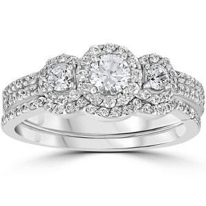 Pompeii3 1.00CT 3-Stone Diamond Engagement Wedding Ring Set 10K White Gold - 1 of 4