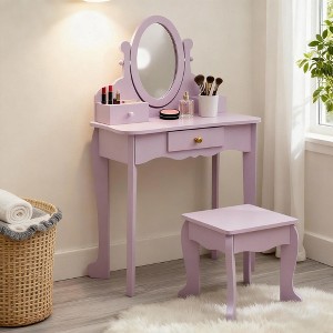 GustoWave Girls' Vanity Set with Mirror, Makeup Table and Stool for Kids, Wood Dressup Playset for 4-9, Purple - 1 of 4