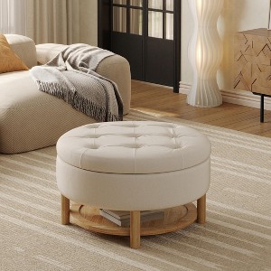 31 Inch Round Storage Ottoman, Upholstered Velvet Tufted Foot Rest with Lift-Off Lid, Coffee Table with Shelf, Beige - 1 of 4
