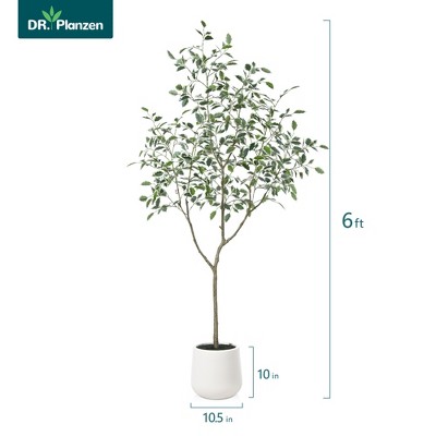 DR.Planzen 5-7FT Artificial Ficus Tree with Oval White Planter, Pre Potted Faux Greenry Plant with White Side Leaves for Home Decor