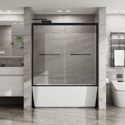 Double Sliding Bathtub Shower Door 60 in. W x 58 in. H Aluminum Framed Shower Enclosure, Stainless Steel Hardware, Bathroom panel,Matte Black