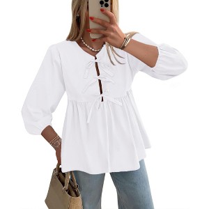 Women's Babydoll Tops 2025 Spring Trendy 3/4 Length Puff Sleeve Bow Tie Front Cute Peplum Blouses Shirts - 1 of 2