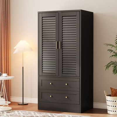 Wardrobe Armoire Closet with 2 Shutter Doors, Wardrobe with Hanging Rods and 2 Drawers, Modern Bedroom Armoire with Gold Handles