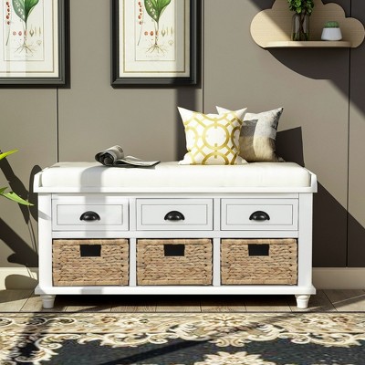 Rustic Wooden Storage Bench with Drawers and Rattan Baskets - Removable Cushion for Living Room, Bedroom, Hallway