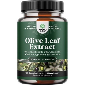 Olive Leaf Extract Capsules, High Strength Antioxidant Supplement with Pure Olive Leaf with 20% Oleuropein for Heart Health, Nature's Craft, 120ct - 1 of 4