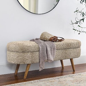 Sapphtopaz Pleated Fabric Ottoman with Storage, Upholstered Oval Ottoman Bench with Rubber Wood Legs, Multi-Functional Footstool or Seat - 1 of 4