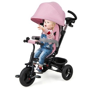 Costway 4-in-1 Baby Tricycle Toddler Trike w/ Reversible Seat, Canopy & Push Handle Black\Gray\Pink - 1 of 4