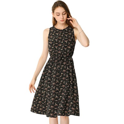 Allegra K Women's Floral Split Neck Drawstring Waist Sleeveless A-Line Summer Midi Dress