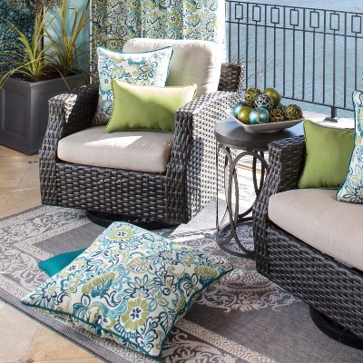 Zoe Blue and Green Floral Embroidered Outdoor Throw Pillows Set