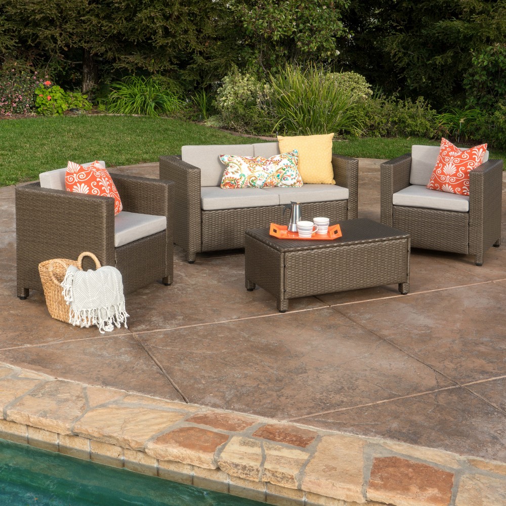 Puerta 4pc Wicker Chat Set - Light Brown/Ceramic Gray - Christopher Knight Home: Outdoor Conversation Furniture with Coffee Table