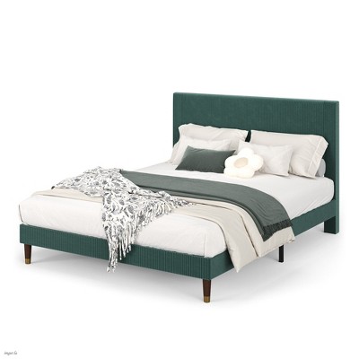 Vertical Stripe: Minimalist Emerald Green Upholstered Full Bed