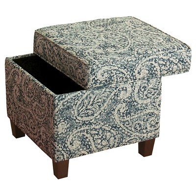 Blue/Gray Paisley Upholstered Square Storage Ottoman with Dark Walnut Legs