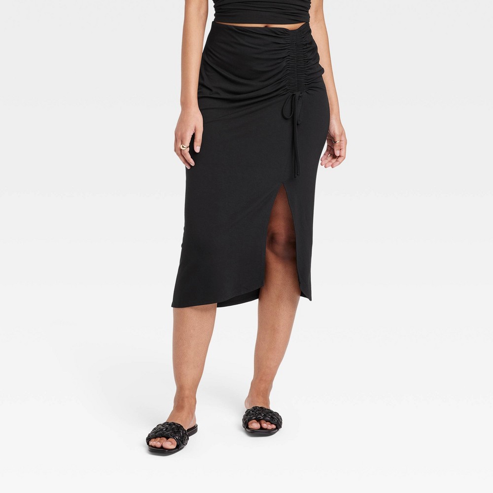 Women's Midi Ruched Knit Asymmetrical Skirt - A New Day™ Black XL