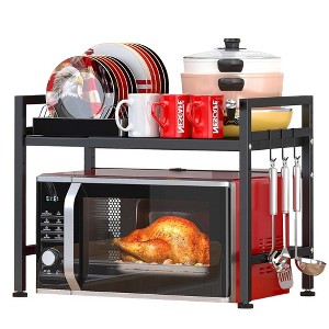 MOVSSOU 2-Tier Microwave Oven Rack Expandable Microwave Stand Kitchen Countertop Organizer Shelves Black - 1 of 4