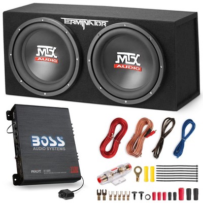 MTX TNP212D2 12" 1200 Watt 4 Ohm Dual Loaded Car Audio Subwoofer Package with Sub Enclosure, Boss 1100W Monoblock A/B Amplifier and 8 Gauge Wiring Kit