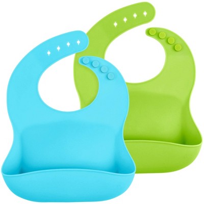 Image of WeeSprout Waterproof Silicone Baby Bibs, Pocket to Catch Food - Set of 2 (Blue, Green)