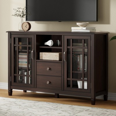 53" Solid Wood and Tempered Glass Tall Traditional TV Stand with Cord Management, Tempered Glass Doors and Adjustable Shelves