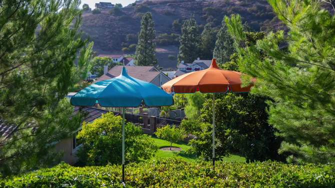 9' Fiberglass Ribs and Scallop Base Fringe Market Umbrella with Crank Lift - Bronze Pole - California Umbrella, 2 of 5, play video