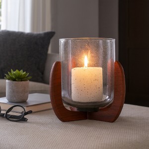 Glass Votive Candle Holder with Wood Base - Perfect Home Decor Accent for Living Room, Bedroom, or Bathroom Space - 7", Brown & Clear - 1 of 4